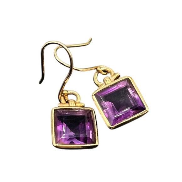 Sterling Silver Vermeil Designer IND Square Cut Bezel Set Amethyst Drop Earrings - Picture 1 of 8
